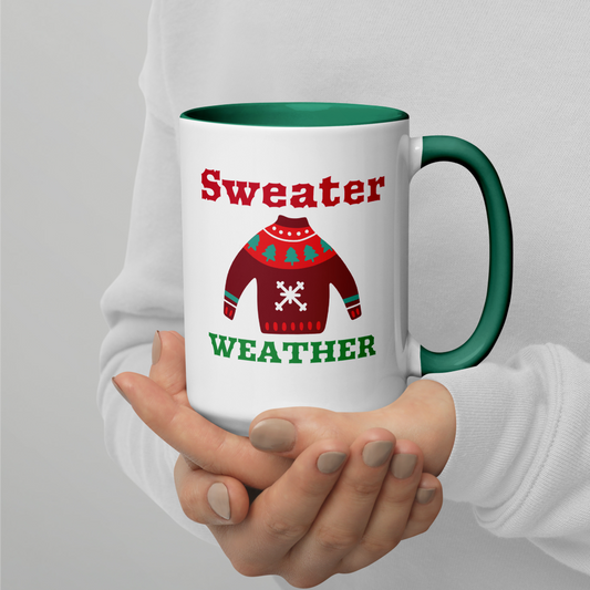 Sweater Weather Ugly Sweater Christmas Mug White Mug with Green Inside